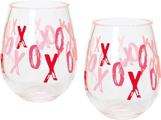 X&O Paper Goods Red 'XOXO' Plastic Stemless Wine Glasses, 2pc, 12 oz., 3.5'' W x 4.5'' H | Amazon (US)