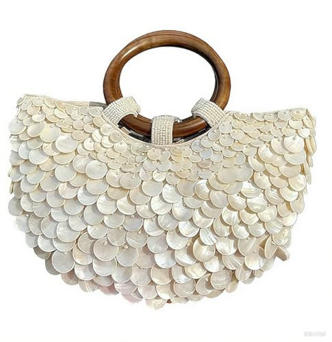 Single-sided Shell Embellished Evening Purse, Summer Shell Beaded Clutch Bag with Wood Handle, Vacation Handbag for Travel, Eye Catching Clothing Accessories Women's Top-handle Bags Satchel Tote | Amazon (UK)
