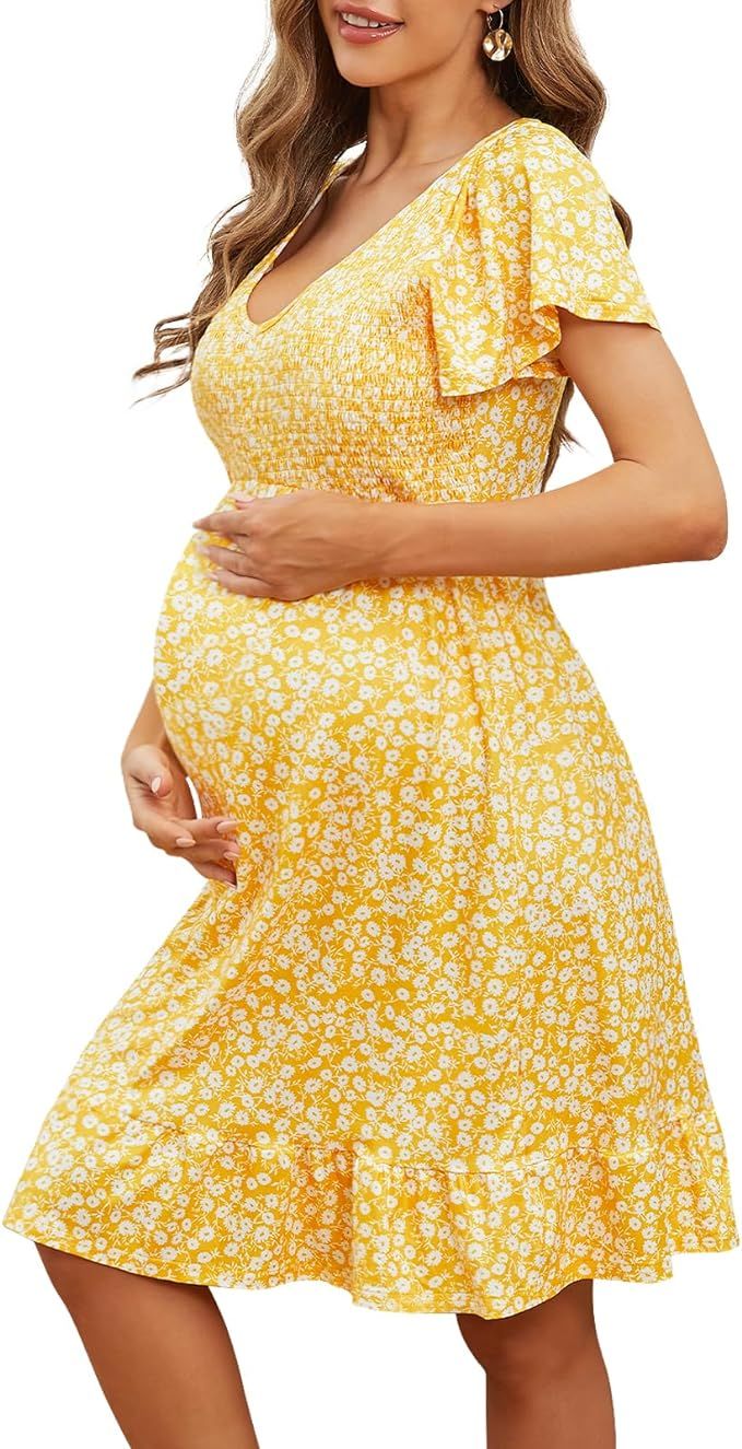 Adorel Maternity Dress Midi Ruffle V-Neck Flowy Smocked Empire Waist Casual Pregnant Outfit Baby ... | Amazon (US)
