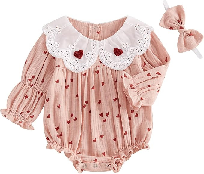 Suolongsama Valentines Baby Girl Outfit Newborn Smocked Romper Long Sleeve Peter Pan Collar Heart... | Amazon (US)