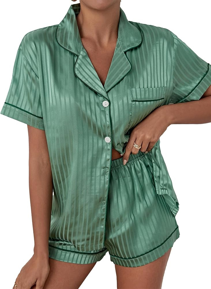 Remidoo Women's Short Sleeve Button Down Satin 2 Piece Pajama Set Sleepwear | Amazon (US)