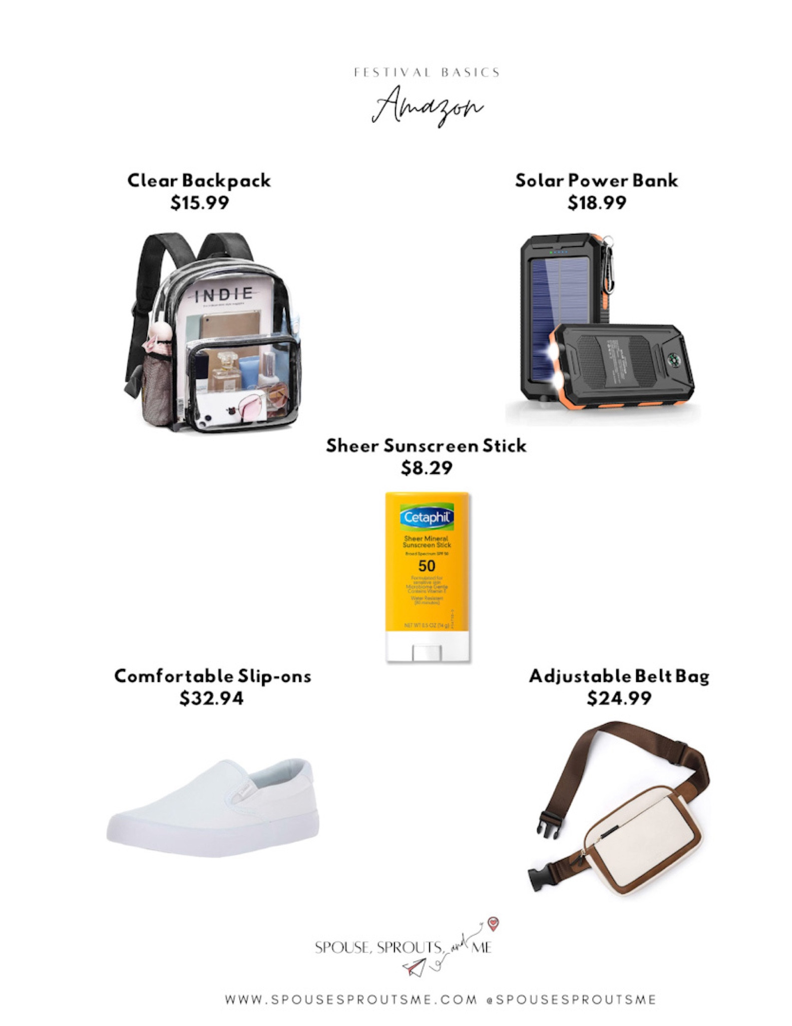 Festival basics, clear backpack, solar power bank, sunscreen stick, slip on sneakers, belt bag, Amazon finds

#LTKFestival #LTKFind #LTKunder50