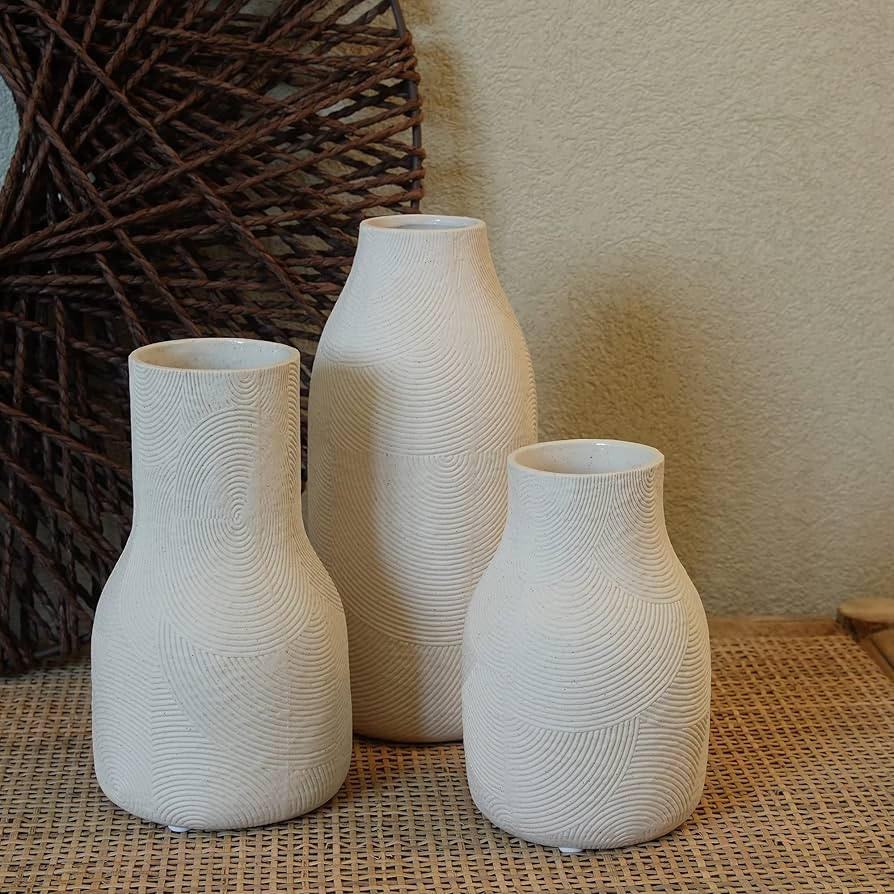 Ceramic Vases for Home Decor - Matte White Textured Vase Set of 3, Decorative Vases for Flowers, ... | Amazon (US)