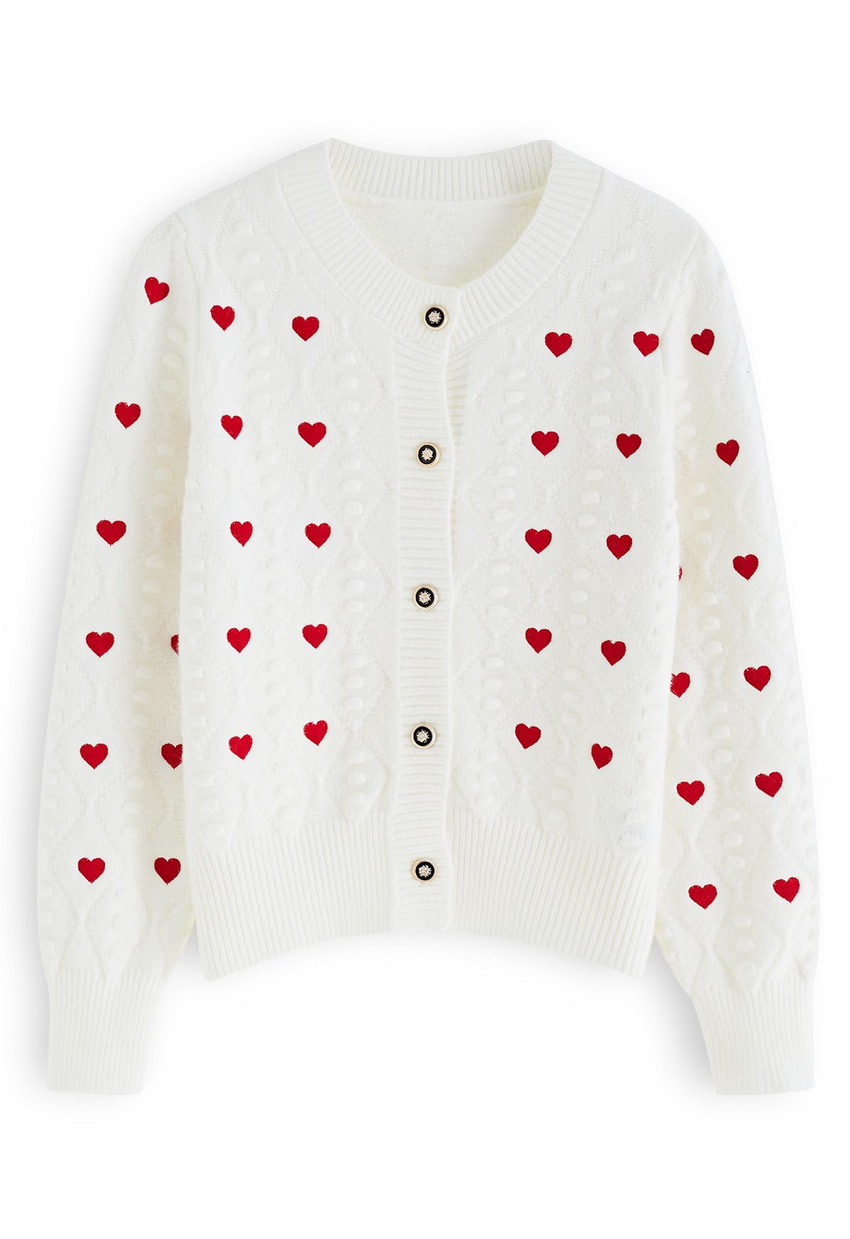 Hearts Embroidered Emboss Knit Buttoned Cardigan in White | Chicwish