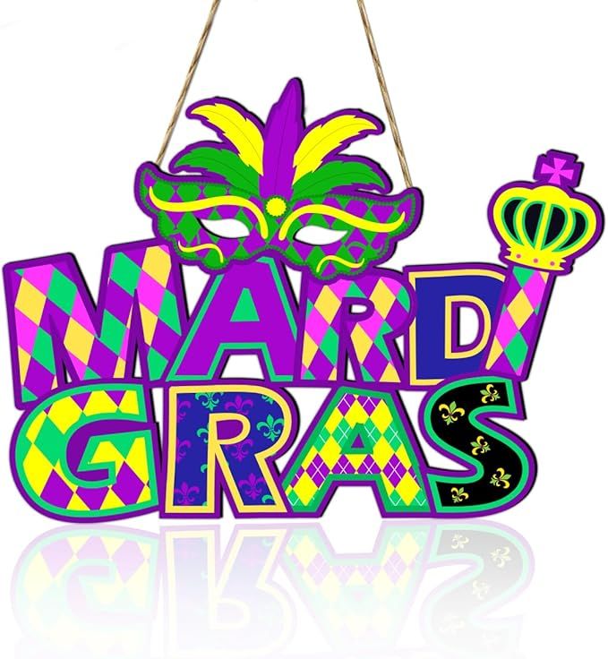 Mardi Gras Party Decorations Hanging Sign, Mardi Gras Wooden Door Sign Wreath Garland for Carniva... | Amazon (US)
