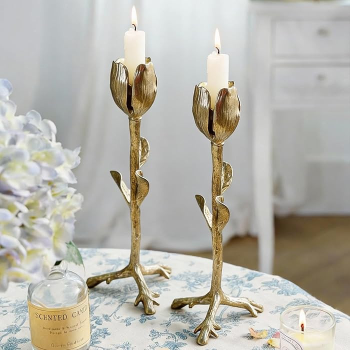 NIKKY HOME Gold Tulip Taper Candle Holders Set of 2, Vintage Elegant Flower Shaped Metal Candlest... | Amazon (US)
