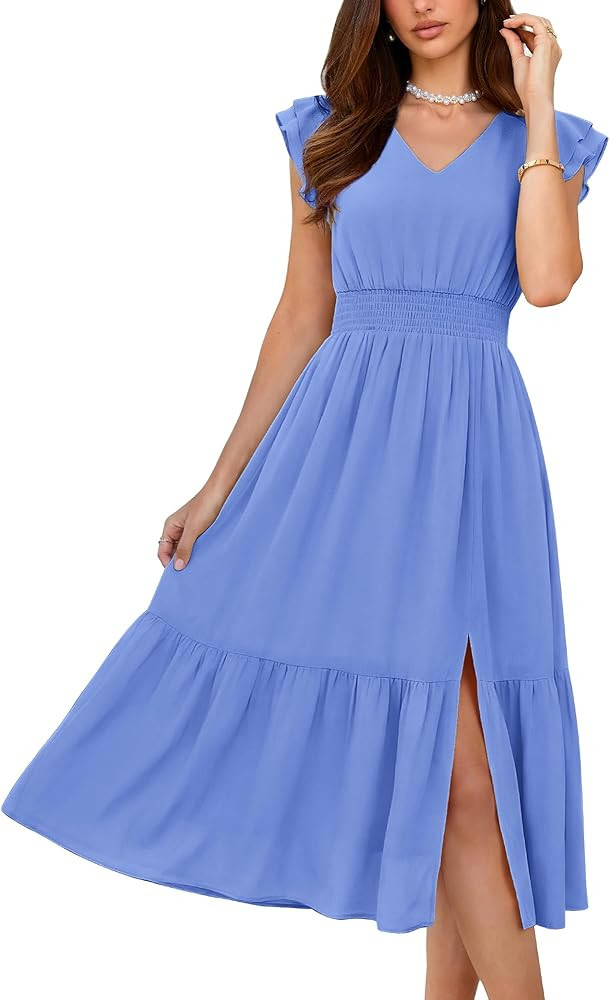 GRACE KARIN 2026 Womens Summer Dresses V Neck Ruffle Sleeve Floral Boho Beach Dress A-Line Swing ... | Amazon (US)