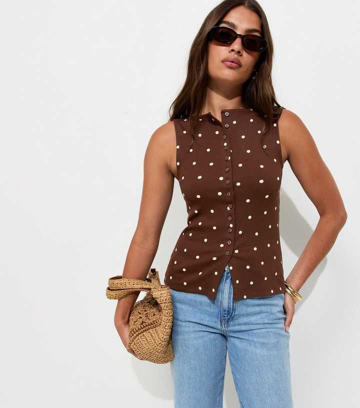 Brown Polka Dot Button Up Tank Top | New Look | New Look (UK)