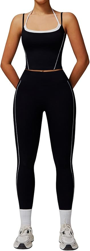 Womens Workout Sets Two Piece Spaghetti Straps Tank Top Matching High Waist Leggings Gym Work Out... | Amazon (US)