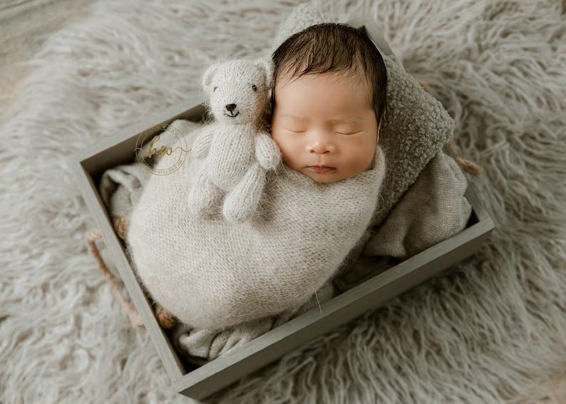 Angora Yarn. Knitted Little Bear, Wrap and Bonnet Set. Newborn Photography Props. Fluffy Newborn ... | Etsy (US)