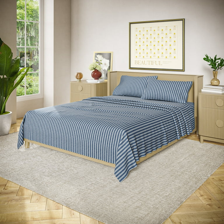 Beautiful Striped 4-Piece 100% Cotton Washed Percale Starry Night Blue Sheet Set, Full by Drew Ba... | Walmart (US)