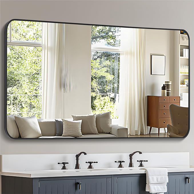 Bathroom Mirror, 30''x55'' Black Rectangle Wall Mirror, Metal Frame Rounded Corner Vanity Mirror,... | Amazon (US)