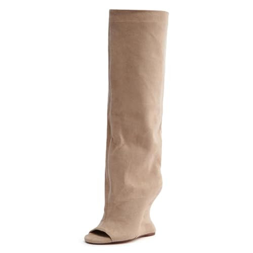 Yishaweiqi Suede Beige Knee High Boots for Women Peep Toe Wedge Boots Pull On Open Toe Summer Boots | Amazon (US)