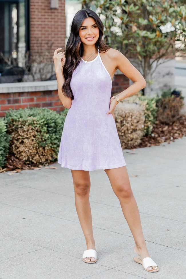 Reese Purple Terrycloth Halter Mini Dress | Pink Lily