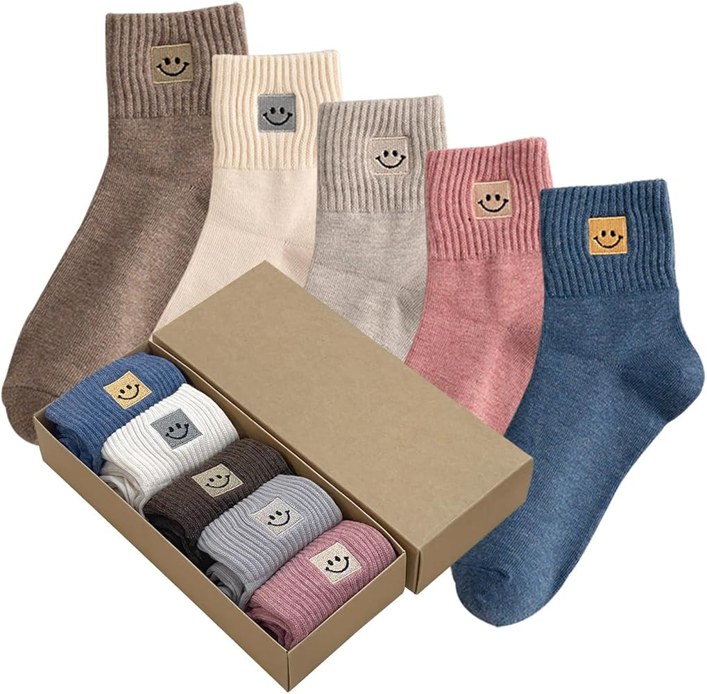 5 Pairs Cute Socks with Smiling Face Embroidery with Gifts Box Socks for Women | Amazon (US)