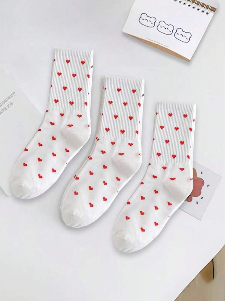 3 Pairs Women Heart Pattern Mid-Calf Socks, Minimalist Cute Cartoon Style Casual Couple Socks | SHEIN