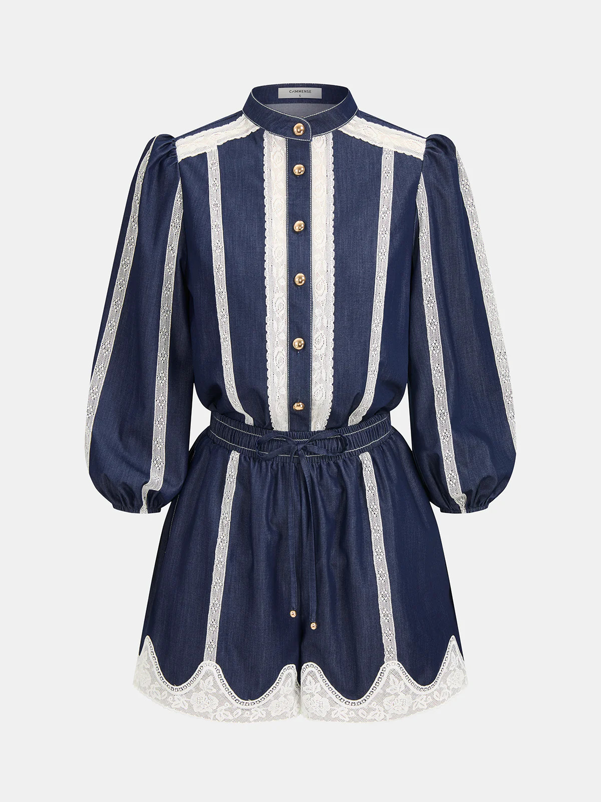 Lace Panel Faux Denim Shirt & Shorts Set | Commense