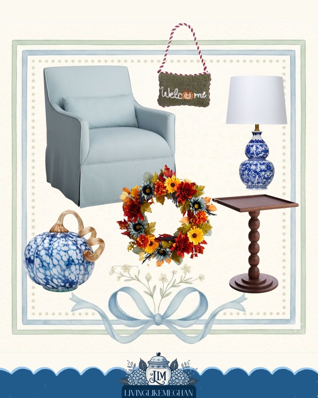 Create a warm and cozy reading nook for fall! 🍁 🛋️ Featuring a powder blue swivel armchair, classic blue chinoiserie table lamp, and rich autumn flower wreath that adds the perfect touch of seasonal color. Accent with a rich wood pedestal side table and glass pumpkin decor to elevate your living room for autumn! tap to shop these classic grandmillennial home finds ✨ 🏡

#LTKSeasonal #LTKHome #LTKSaleAlert