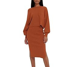 Meenew Women's 2 Piece Dress Long Sleeve Crop Sweater High Slit Ribbed Midi Bodycon Skirt Set | Amazon (US)