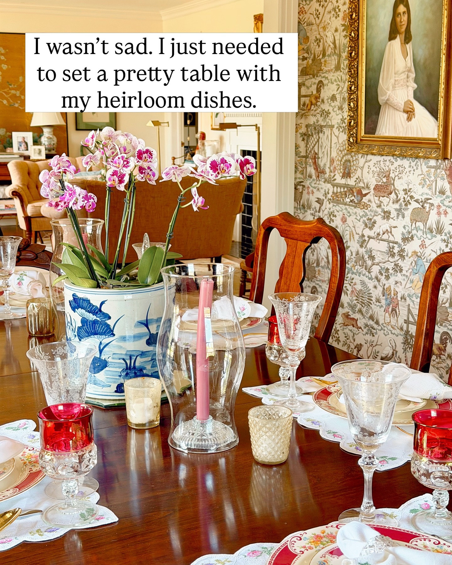 Therapy? No. Tablescape? Yes. 😅

My grannie started collecting this Homer Laughlin Majestic Brittany china pattern long before I was old enough to appreciate it. She picked it because of my name…her way of building something just for me, piece by piece, before I even knew what it meant. Now every time I set a table with them, I feel her with me.

Some people unwind with a glass of wine. I unwind by pulling out the good dishes and making something ordinary feel special.

That’s sentimental style. That’s heirloom living. That’s storykeeping.

What’s something small that brings you back to yourself?

#storykeeperstyle #thesentimentaltable 
•
•
•
•
•
•
•
Vintage Decor | Home Inspiration | Collected Home | Traditional Home | Sentimental Style | Curating Joy | The Sentimental Decorator | Joyful Rituals of Home | Sentimental Home | Homes with a Story

#thesentimentaldecorator #meaningfulhomedecor