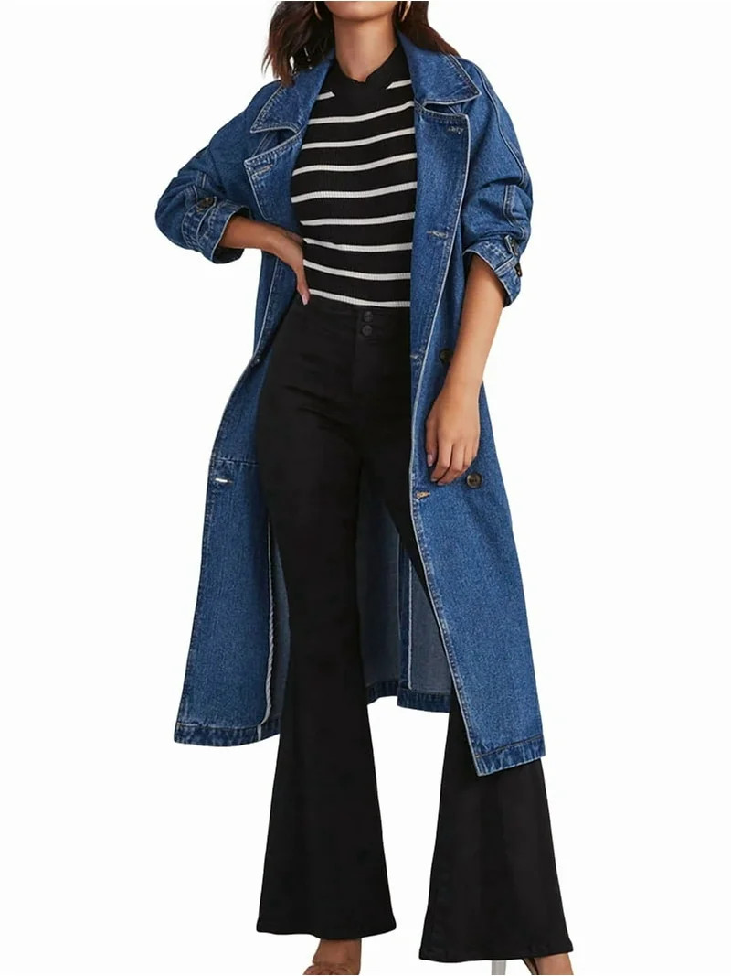 Women'S Casual Double Breasted Long Denim Trench Coat Jean Jacket Trenchcoat with Belt Duster Coa... | Walmart (US)
