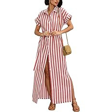 chouyatou Women's Summer Short Sleeve Striped Shirt Dress Beach Maxi Long Belted Casual Button Do... | Amazon (US)