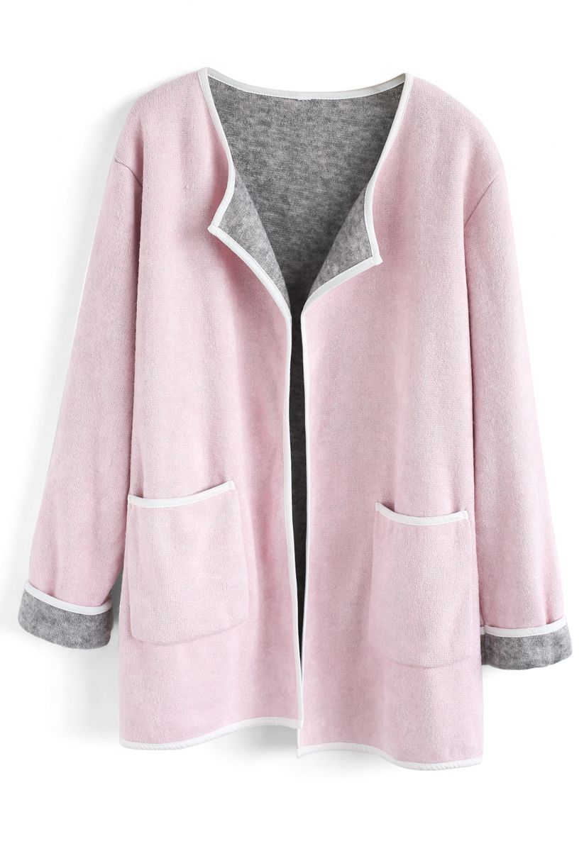 Comfy Contrast Open Front Knit Coat in Pink | Chicwish