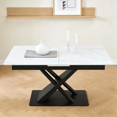 Extendable Dining Table with White Marble MDF Veneer and Geometric X-Frame Metal Legs, Ideal for Stylish and Functional Spaces. | Wayfair North America