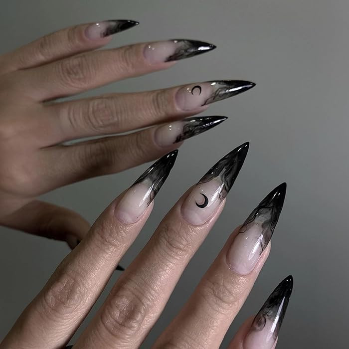MISUD Press on Nails - Long Stiletto Glue on Nails with Goth Black, Acrylic Gothic Moon Design 24... | Amazon (US)