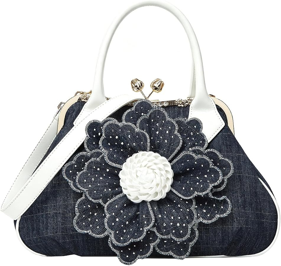 Womens Denim Kiss Lock Tote Handbag Large Rhinestone Flower Clutch Crossbody Shoulder Bag Elegant... | Amazon (US)