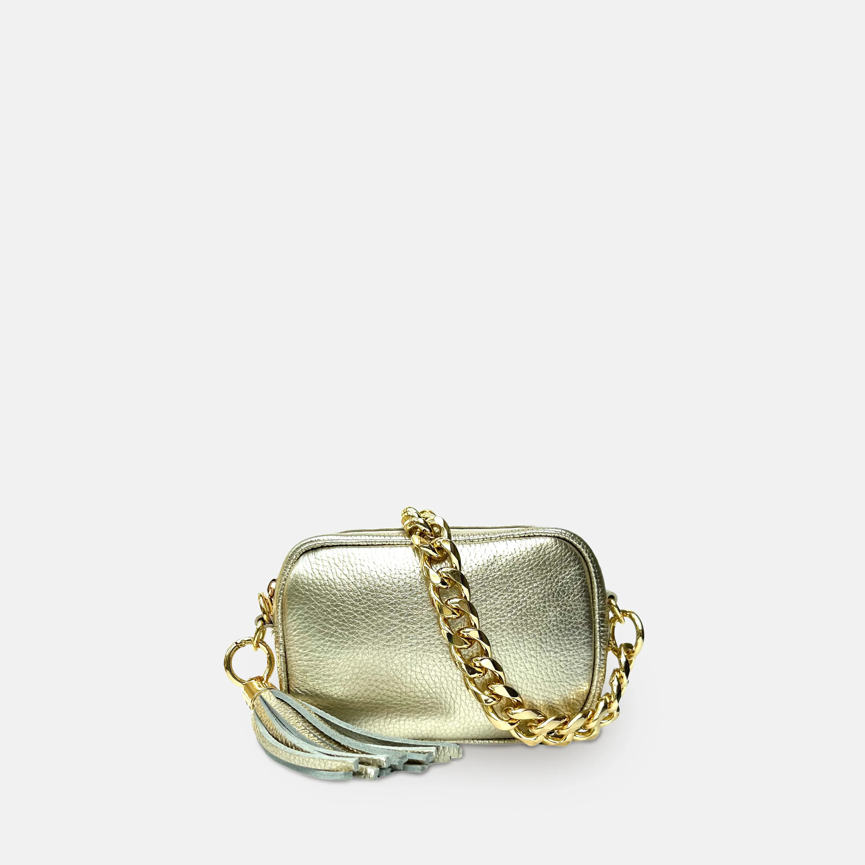 The Mini Tassel Gold Leather Phone Bag With Gold Chain Strap | Shop Simon