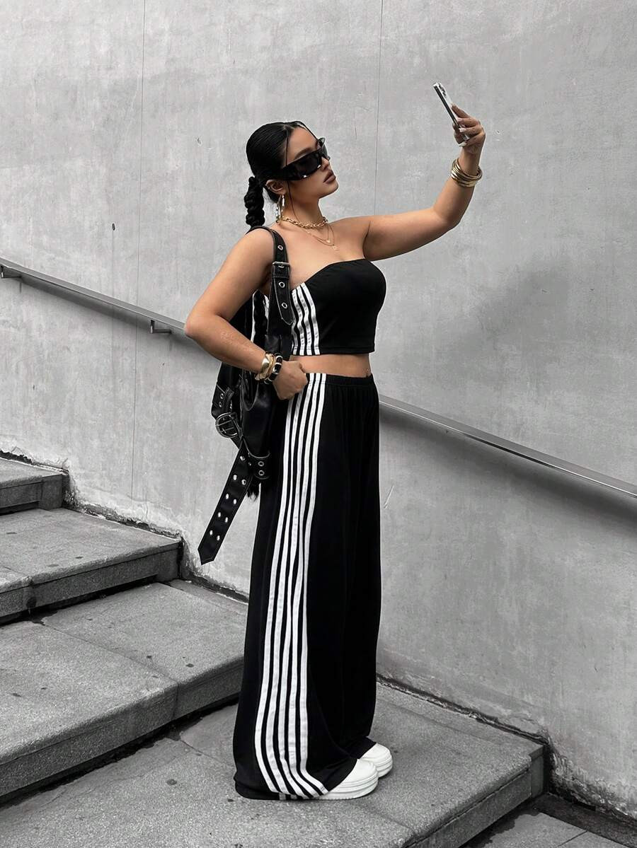 POPSWAY Plus Size Women Casual Tube Top And Striped Pants 2 Pieces Set | SHEIN USA | SHEIN
