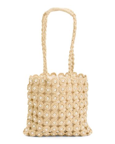 Handwoven Double Handle Straw With Pearl Embellishment Shopper | TJ Maxx