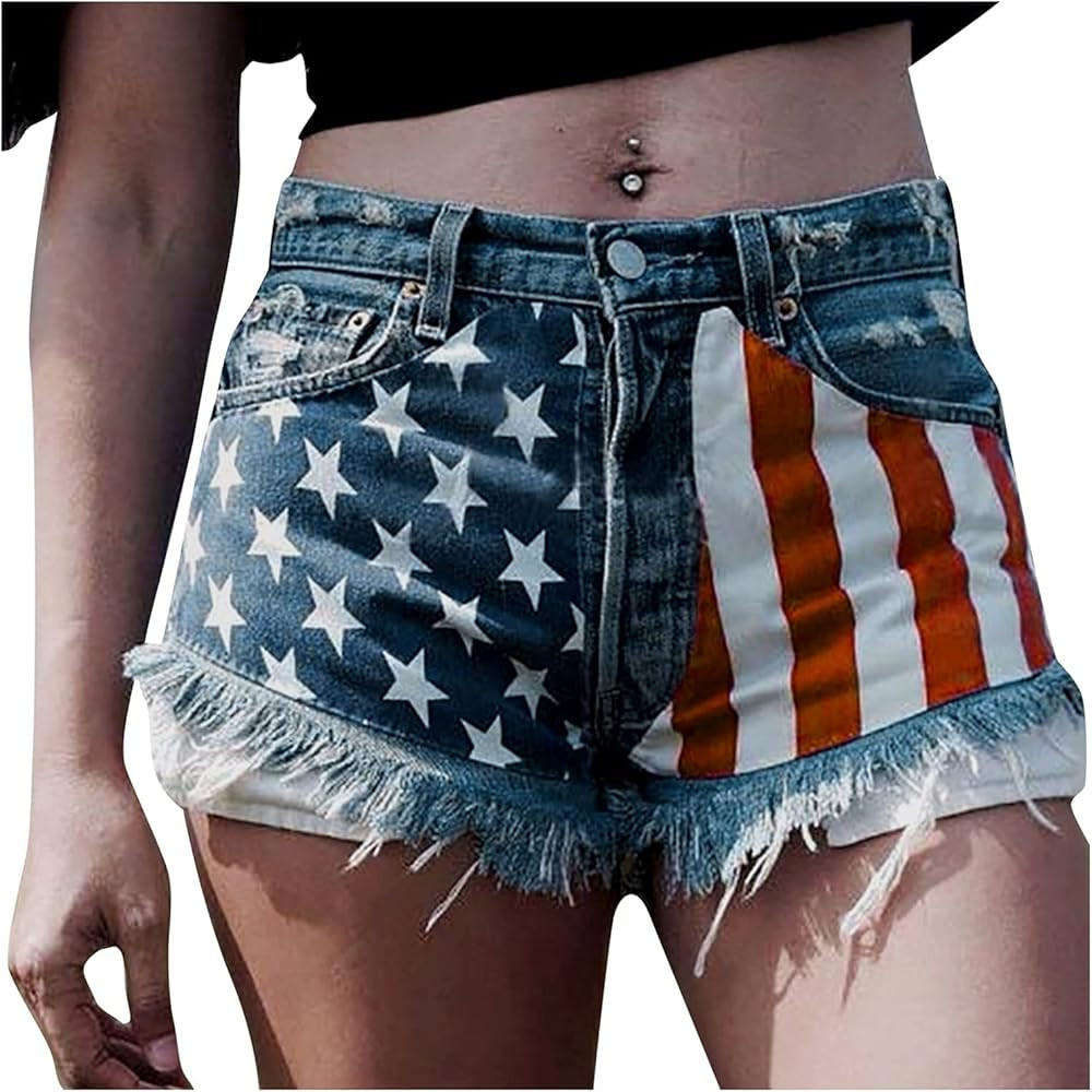 POLLYANNA KEONG Jean Shorts for Women Denim Shorts Casual Summer Jean Raw Hem Ripped Shorts Stret... | Amazon (US)