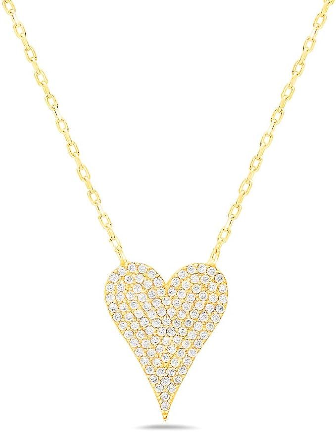 925 Sterling Silver Cubic Zirconia Pave Heart Charm Pendant Necklace - 18" Anchor Chain | Amazon (US)