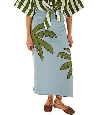 Farm Rio Blue Embroidered Palm Tree Mid Rise Linen Maxi Skirt - L | Dillard's