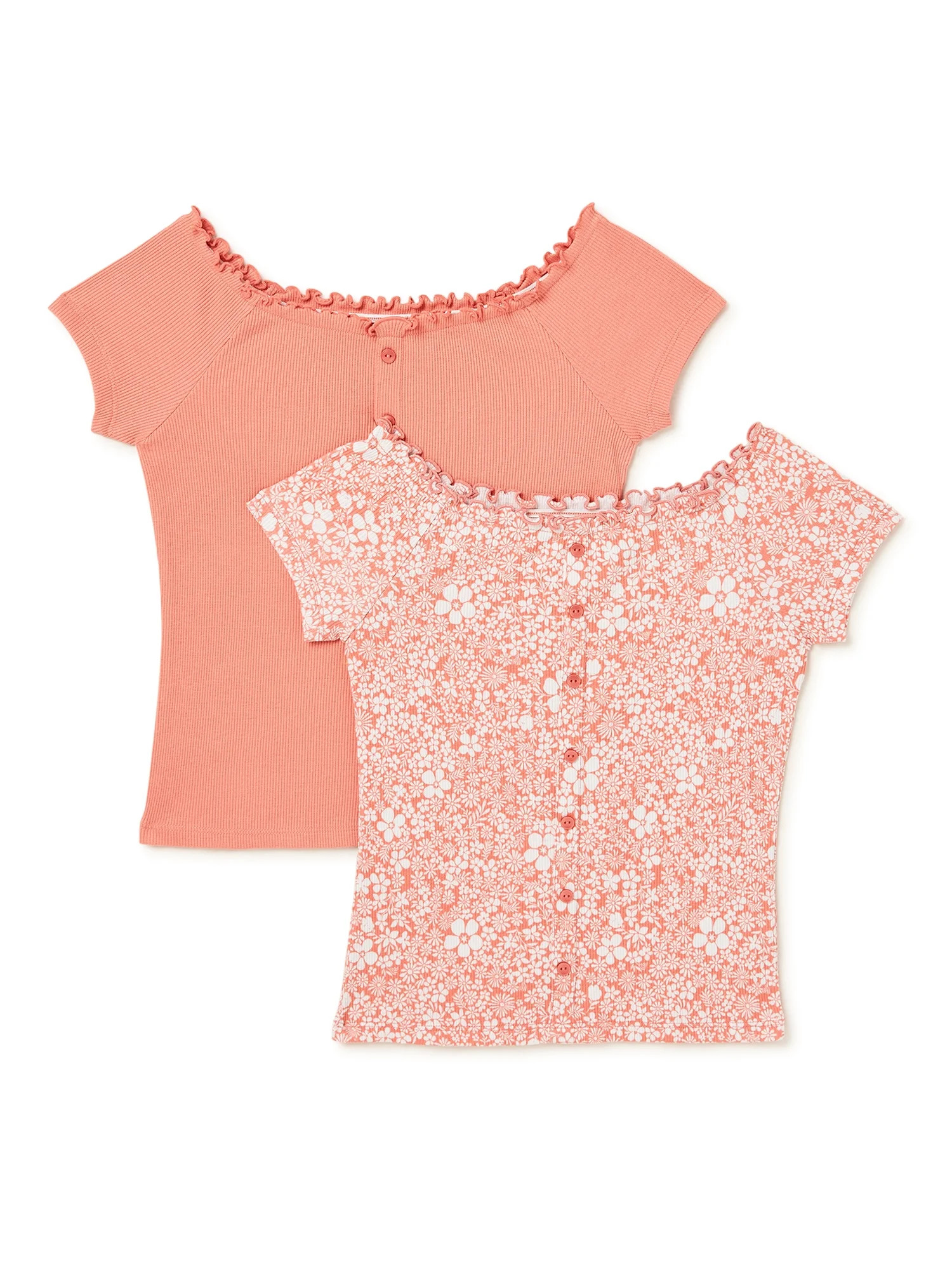 Wonder Nation Girls Button Up Ribbed Tops, 2-Pack, Sizes 4-18 & Plus | Walmart (US)