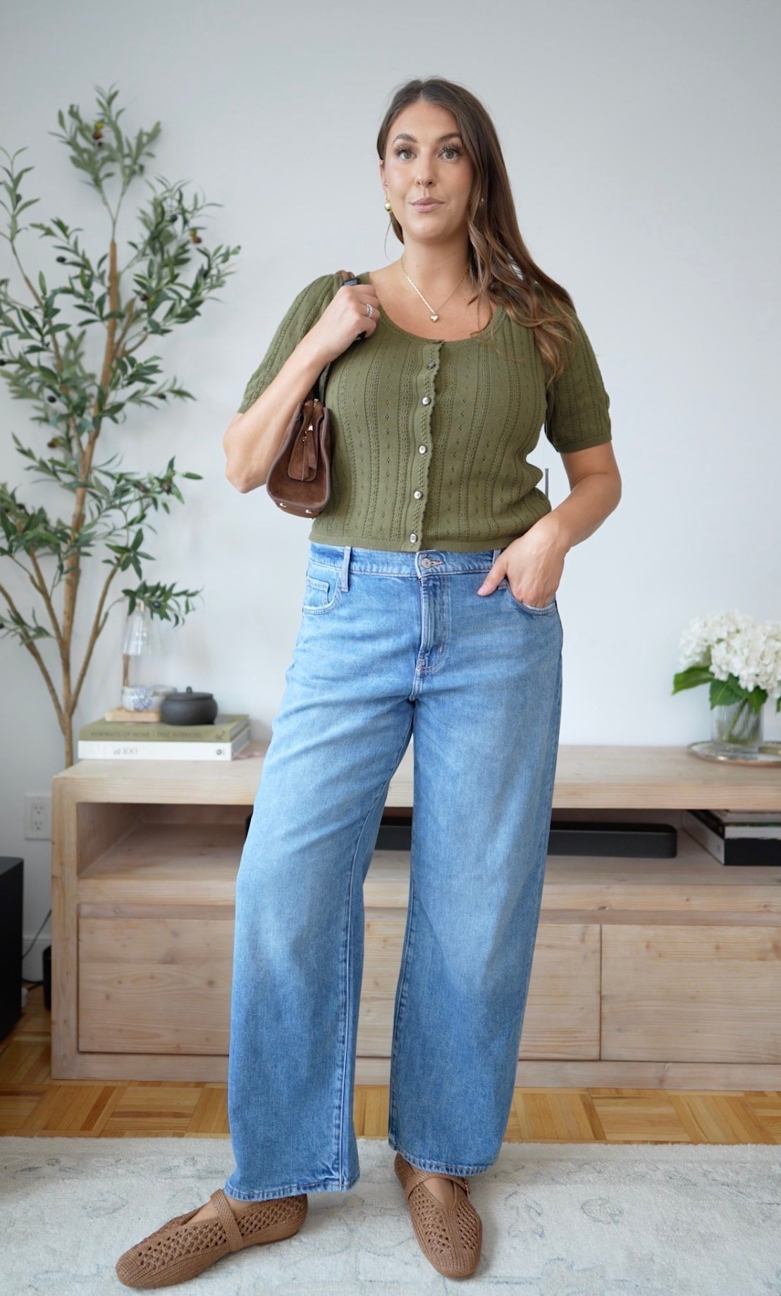 Olive green cardigan, wide leg jeans, fall outfit inspiration, casual fall outfit, transitional style, ballet flats outfit, everyday fall fashion, green fall outfit, relaxed denim style, fall wardrobe staples. Size large, size 14 runs tts 

Easy fall outfit formula 🍂 An olive knit, wide-leg denim and woven flats make the perfect mix of comfortable and put together. Add a brown bag and you’re done.

#LTKootd #LTKMidsize #LTKSeasonal