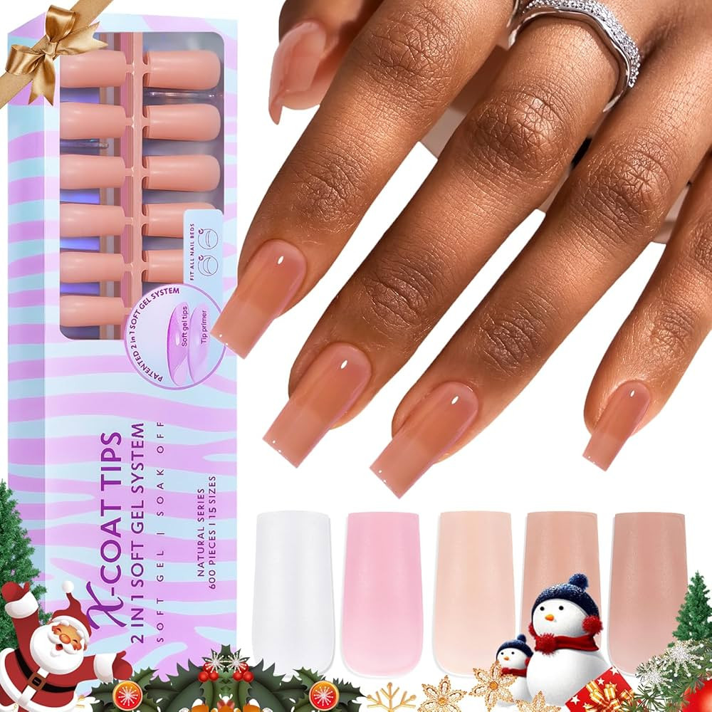 BTArtbox Gel Nail Tips Long Square - Press On Nails 600pcs 5 Colors XCOATTIPS Natural Fake Nails ... | Amazon (US)
