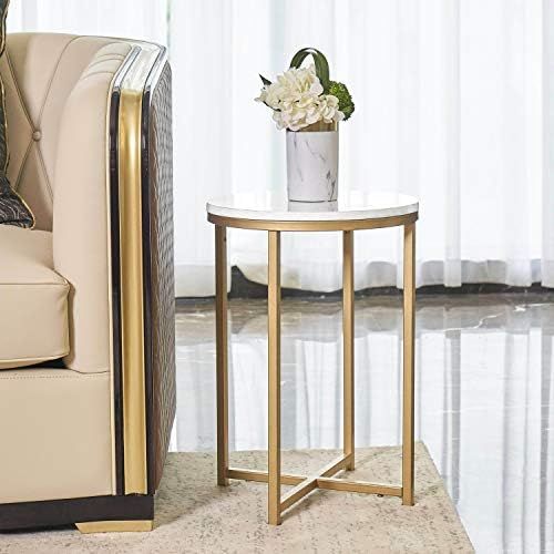 Gold Round Side End Table with Marble Top, Modern Bedside Small Coffee Table for Bedroom Living R... | Amazon (US)