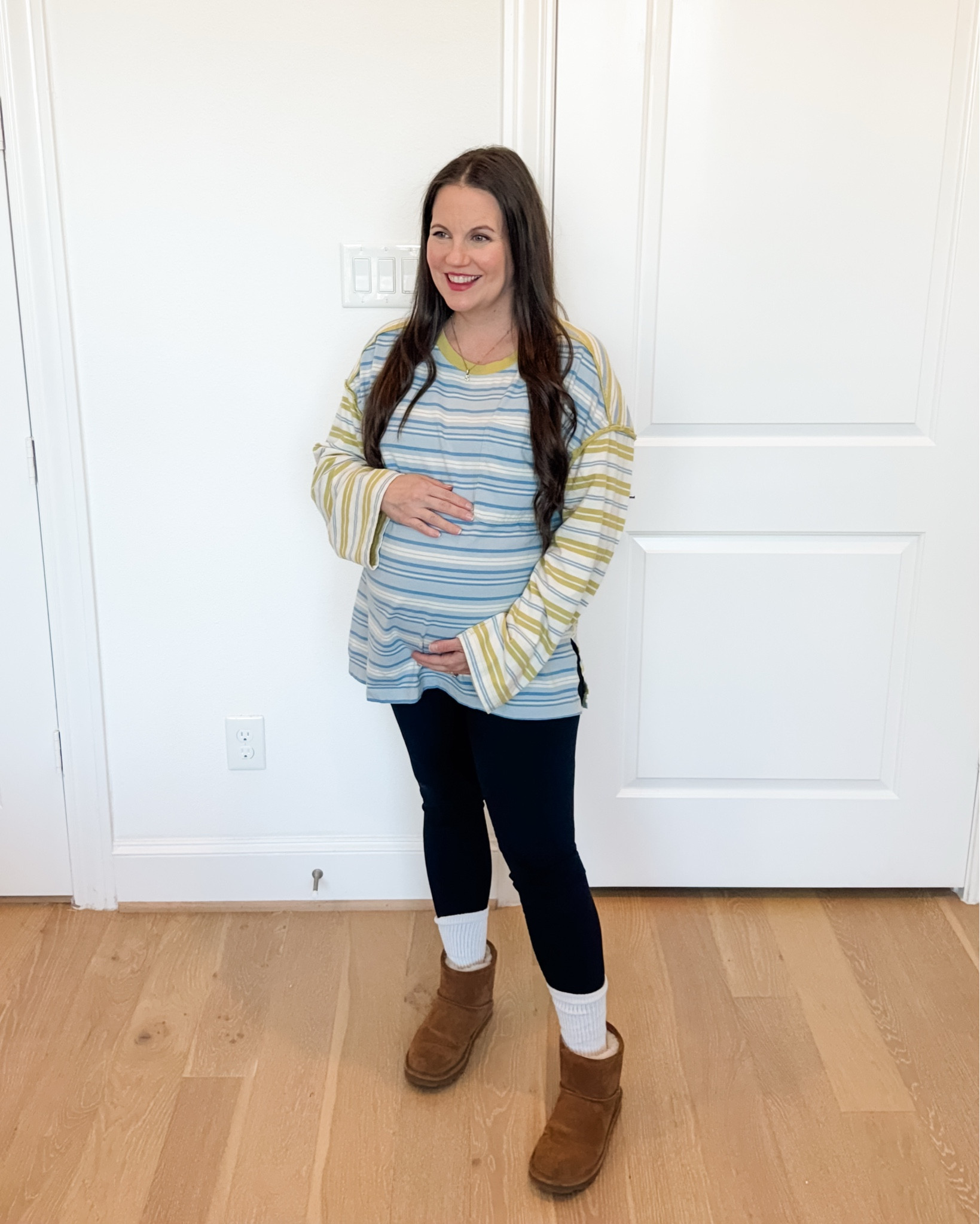 This easy winter outfit is one of my favorite go-to looks for everyday wear. If you’re looking for a comfortable casual outfit that also works as a bump friendly outfit, this combo is such a win. I styled a striped oversized tshirt (the perfect relaxed striped shirt) with black leggings—hands down the best black maternity leggings for comfort and stretch.

Finished with cozy brown booties, this look blends casual comfort with effortless style. It’s one of my favorite casual fashion ideas for running errands or lounging at home, and it easily doubles as chic loungewear for colder days.

Everything is linked below so you can recreate this comfy, bump-friendly winter look 

#LTKSeasonal #LTKFindsUnder100 #LTKBump