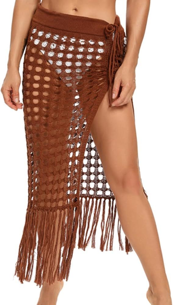 Crochet Midi Skirts for Women Trendy Sexy Beach Cover Ups Charming Tassels Hem | Amazon (US)