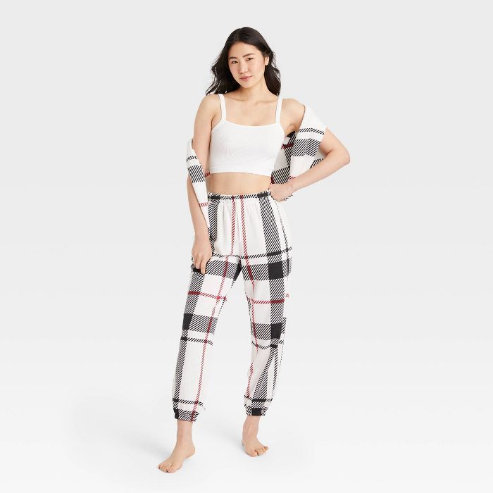 Women's Plaid Fleece Lounge Jogger Pants - Colsie™ Cream | Target