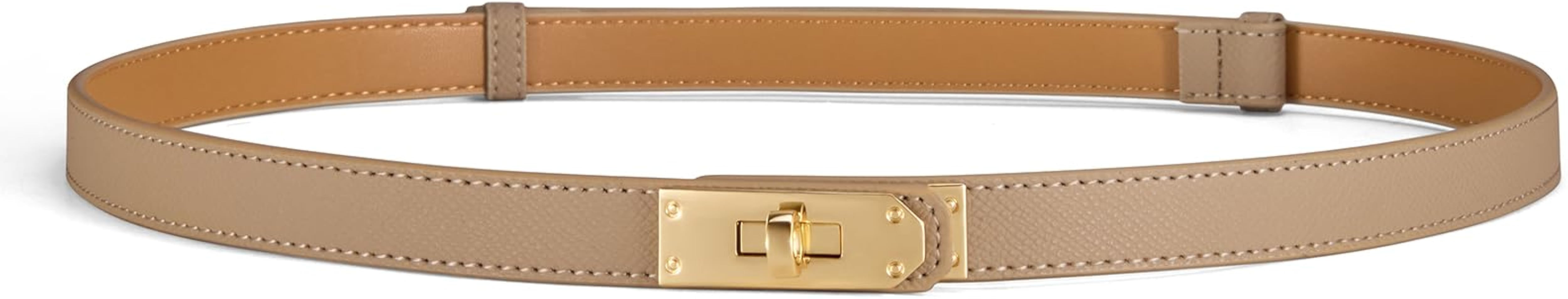 Women’s Skinny Leather Belt with Gold or Silver Turn-Lock Buckle – Adjustable Thin Belt for D... | Amazon (US)