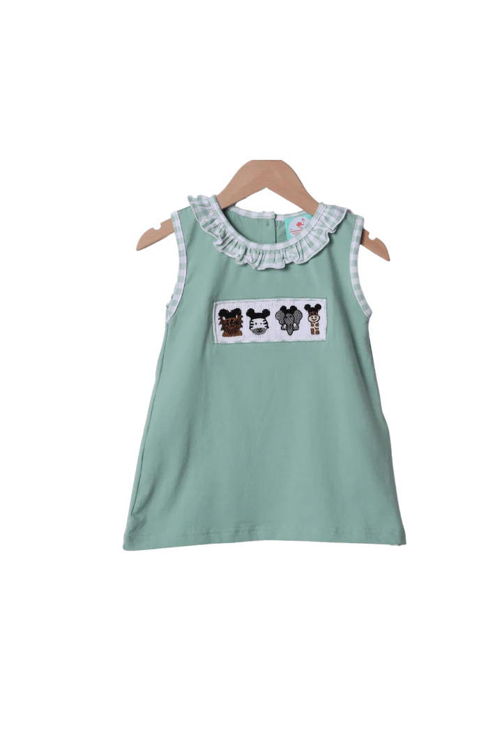 Smocked Sage Safari Animals Mouse Dress | The Smocked Flamingo