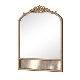 Brown 24 in. W x 36 in. H Wooden Carved Rattan Right-Angled Micro-Arch Mirror Wall Mirror for Liv... | The Home Depot