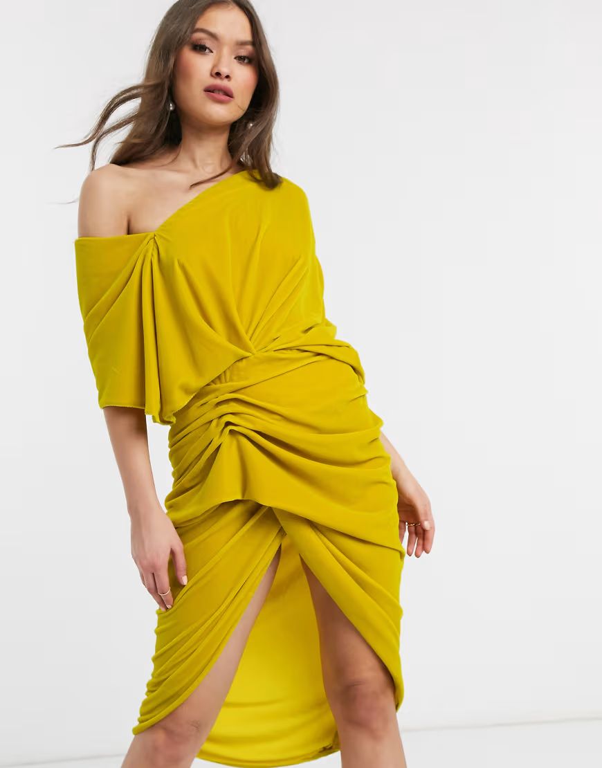 ASOS EDITION drape asymmetric midi dress in velvet-Yellow | ASOS (Global)