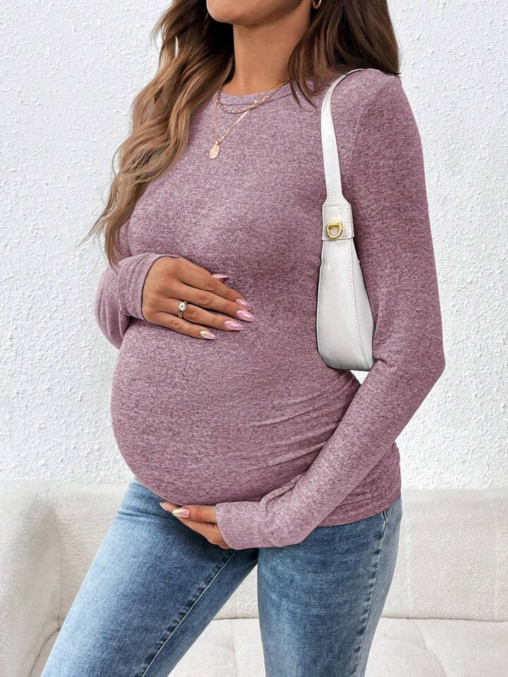 SHEIN Maternity Round Neck Long Sleeve Slim Fit Casual Top, For Everyday Wear | SHEIN