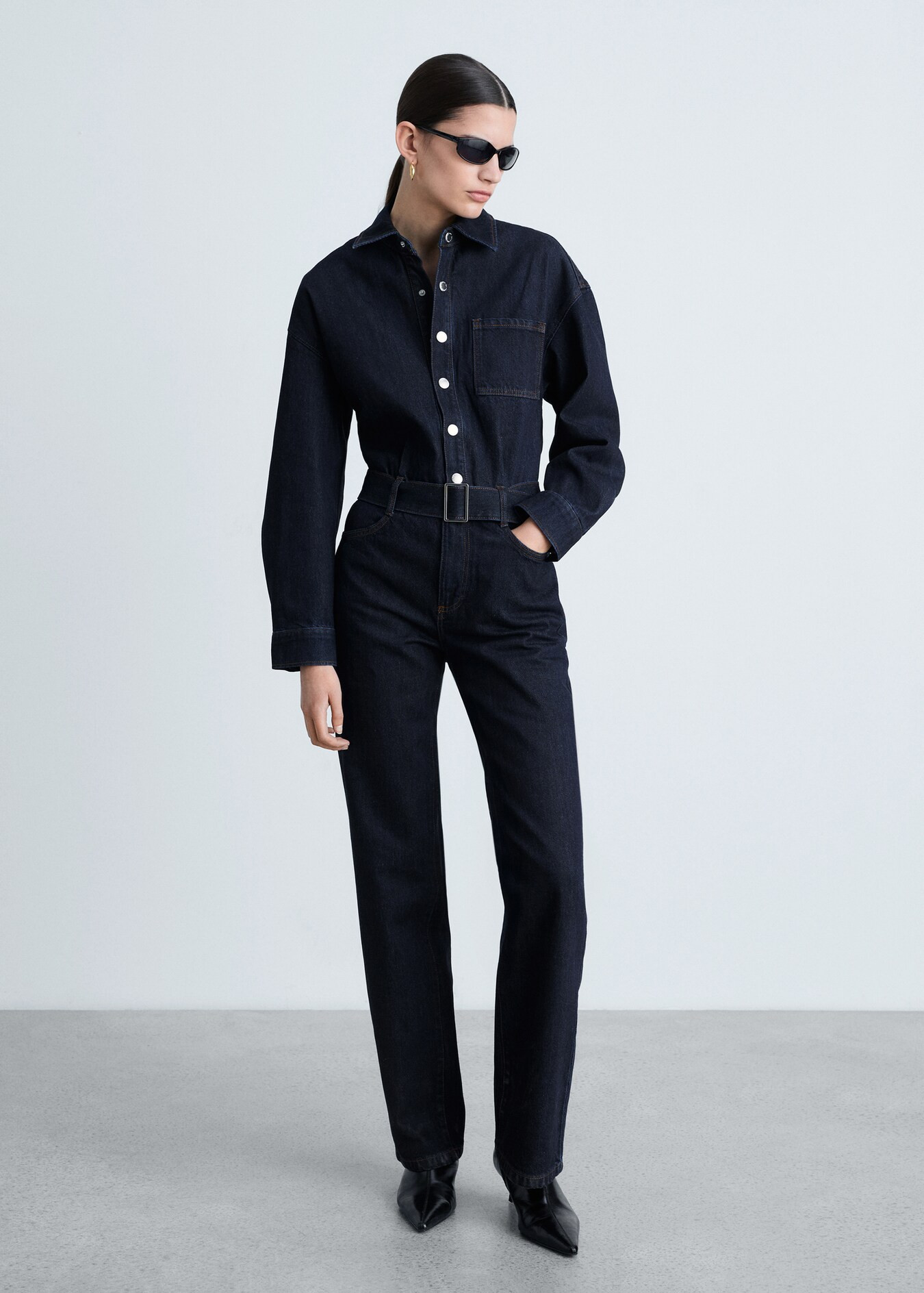 Rinse-wash denim jumpsuit with belt - Women | MANGO USA | Mango (US/MX/AU)