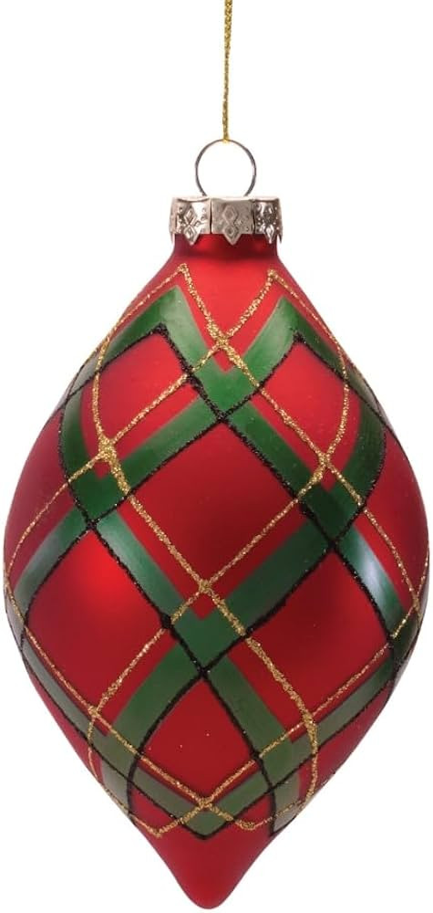Red & Green Plaid Glass Drop Christmas Ornament – Elegant Holiday Tree Decoration with Gold Acc... | Amazon (US)